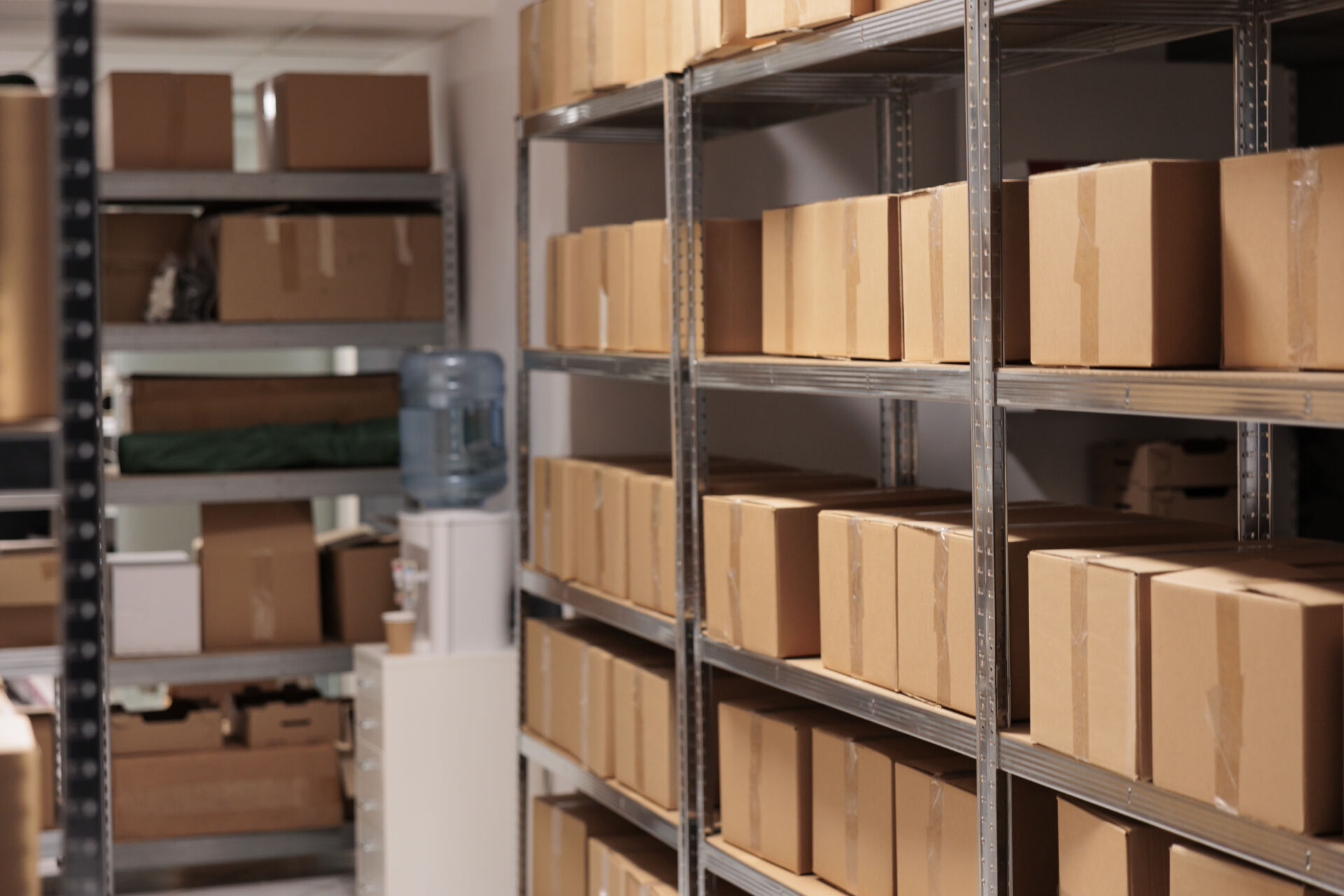 Customer order boxes on shelves an A&M Removals warehouse